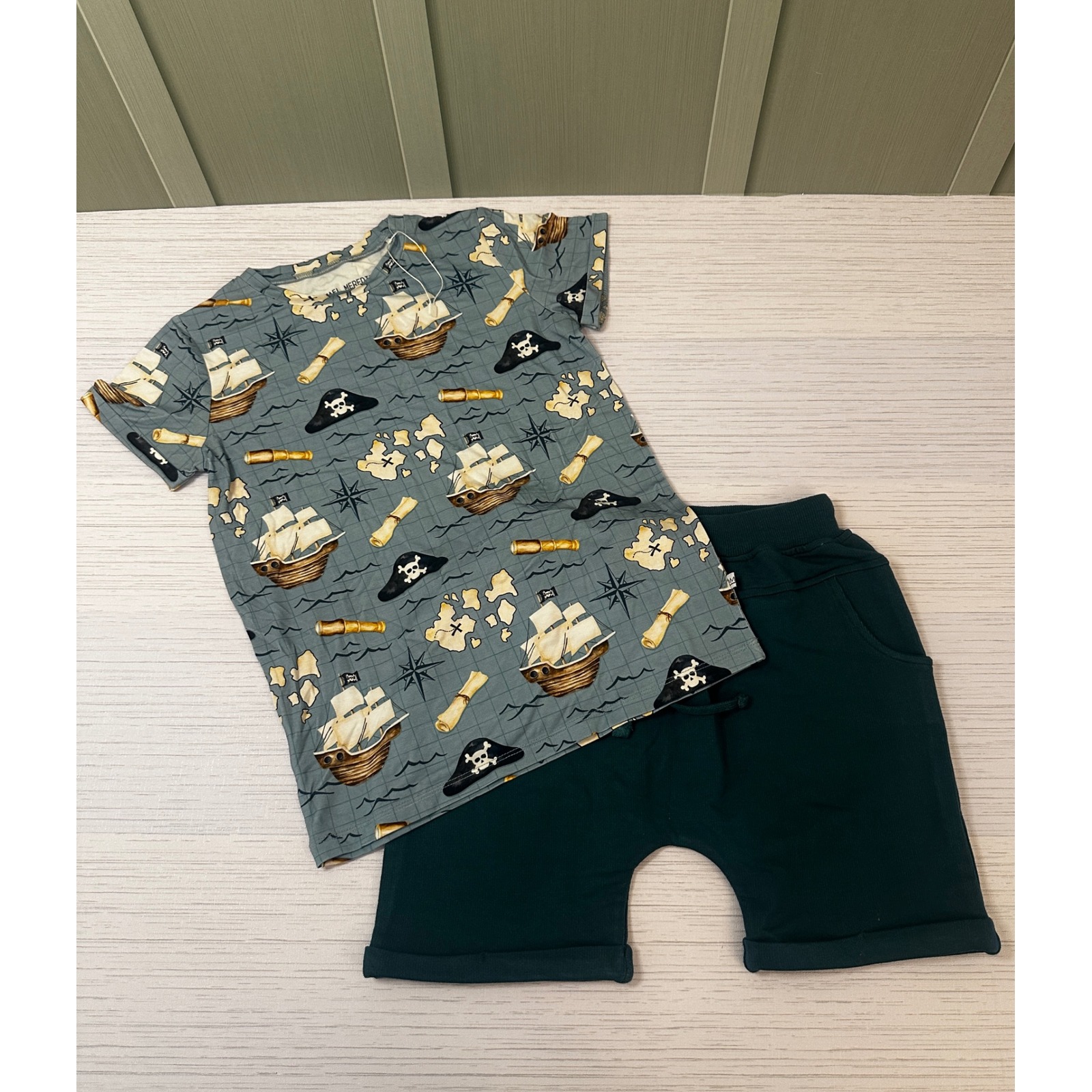 Michael Meredith Kids Pirate Ship Bamboo Viscose Shorts Set Blue Green 7/8y New